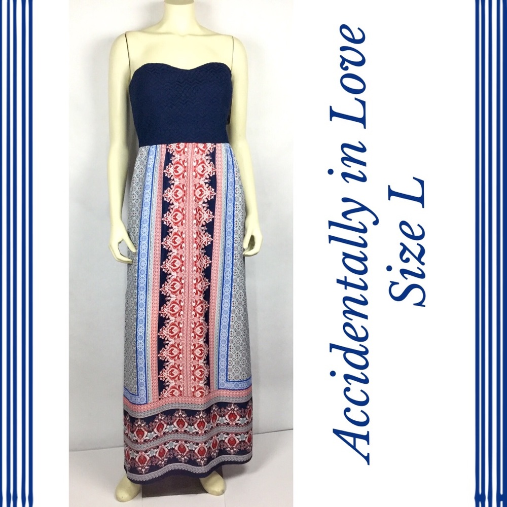Red White Blue Maxi Dress w Cutout Back / Size L NWT